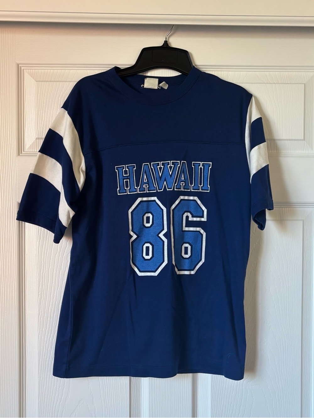 Hawaii 86 Navy Blue Tee with White Sleeve Stripes